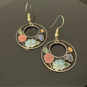 Vintage 1980s Cloisonné Enamel Floral Dangle Hoop Earrings, Gold Tone Hoop